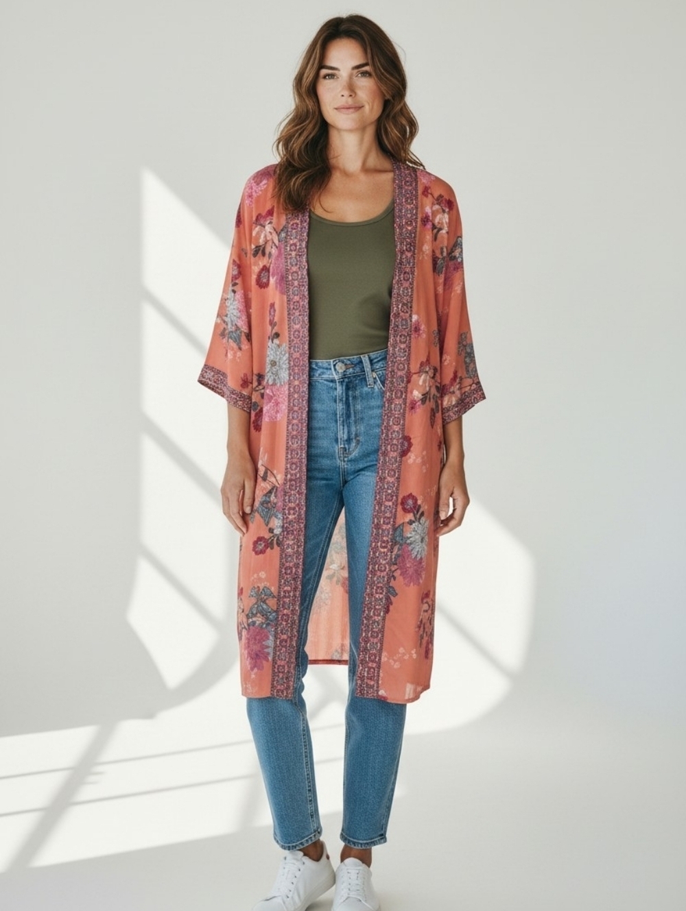 DR2 Floral Boho Kimono Duster Cardigan XS/S Rust Orange 3/4 Sleeve